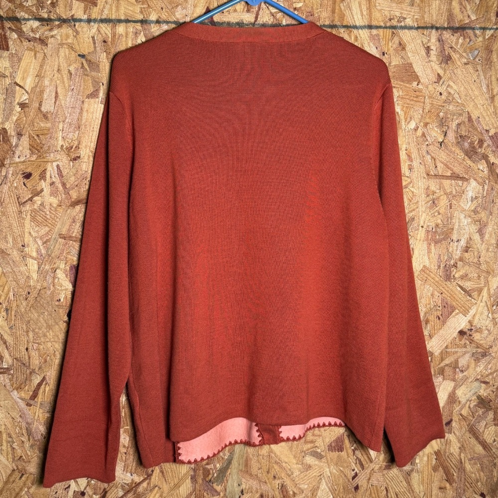 Leather Stitch Panel Cardigan Button Sweater Burnt Orange Modest Layering XL - Picture 5 of 6